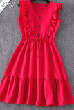 Women Summer Fashion Solid V Neck Ruffles Sleeve Elegant Party Dresses Vintage Beach Sundress Streetwear