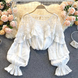 Elegant Design Lace Ruffled Shirts Women Sweet Korean Style Long Puff Sleeve Ladies Tops Female Spring Sexy White