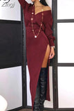 Elegant Solid Maxi Dress for Women Fashion Long Sleeves V-Neck High Side Slit Slim Dress Casual Streetwear Mujer
