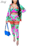 Print Sexy 3 Two Piece Set Strap Women's Sets Crop Top Long Sleeve Cloak And Pencil Leggings Pants Set Suit