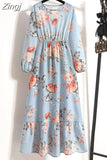 Floral Print Women Dress Spring Summer Casual O Neck Long Sleeve Chiffon A Line Long Maxi Dress Party
