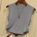 Women's Wide Shoulder Strap Elegant Women Tank O Neck Thin Sleeveless Ice Silk Knitted Vest Slim Women's Clothing