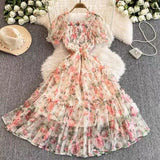 Gentle Wind And Rags Retro Tea Chiffon Dress Female Waist Temperament Shoulder Bubble Sleeve Mesh