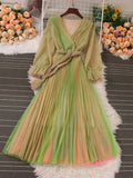 Autumn Women Mesh Pleated Long Dress Vintage Pink/Yellow/Brown V-Neck Flare Sleeve Draped Maxi Vestidos With Belt