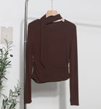 Ribbon Scarf Hanging Neck Long-Sleeved T-Shirt Girl 2024 Autumn Slim Thin Folded Bottom Shirt