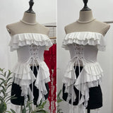 Shooting Hottie Belt Lotus Side Splicing Lace Bra Vest Word Shoulder Ribbon Short Coat