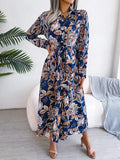Flower Shirt Long Dress Women Lapel Button up Full Sleeve Dresses Female Fashion Casual Lace Up Maxi Dress Spring