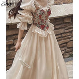 Elegant Print Floral Dress Women 2022 Autumn O-neck Casual Evening Party Midi Dress Female Puff Sleeve Korea Fairy