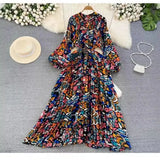 Sense Of Light Luxury Temperament Lantern Long Sleeve Round Neckt Thin Single Buckle Print Dress Elegant Long