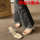 Women Wear 2025 Summer New Fashion Round Head Thick Heel Net Red Crystal Slippers Women's