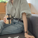 Women Striped Leisure Summer New Fashion Turn-down Collar Elegant All-match Soft Simple Vintage Female Korean Style