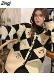 Cardigan Women Argyle Design Students Sweet Soft Retro Embroidery Fashion Loose Korean Style Autumn Christmas Casual