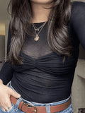 Mesh Long Sleeve Off Shoulder Top- Outfit