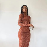 Women's Clothing 2025 Autumn New Long-Sleeved Dress Printed Round Collar Body Medium Long Dress Dress