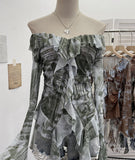 Shooting Retro Shoulder Tie-Dye Net Horn Long-Sleeved T-Shirt Irregular Lotus Leaf Side Ribbon Y2k Top