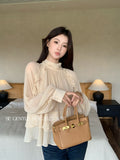 Xixi 2025 Autumn White Standard Temperament Romantic Lotus Leaf With Chiffon Shirt Long-Sleeved Shirt