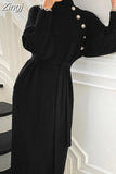 Turtleneck Buttons Women Knitted Dress Elegant Full Sleeve Lace-up Female Thicken Long Dress for Sweater Autumn 2023