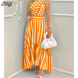 Elegant One Shoulder Striped Colorblock Sleeveless Asymmetric High Waist Casual Maxi Dresses Fashion Sexy Skinny