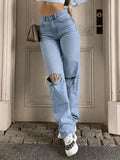 Blue Wash Straight Leg Knee Ripped Jeans- Outfit