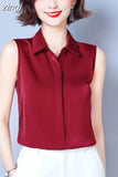 Summer Satin Blouse for Women Polo-Neck Sleeveless Vest Chiffon Shirts OL Womens Tops and Blouses Solid Fashion Ladies