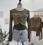 Vintage Spice Girls Stomee Net Yarn Sexy Perspective Drawstring Long-Sleeved T-Shirt Top