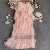 High-End Feel Leaf Edge Mesh Cake Dress Women's Waist Thin Temperament A Word Shoulder Super Fairy Long