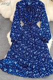 Women Floral Pleated Dress Elegant Bow Collar Flare Long Sleeve High Waist A-Line Ruffle Draped Vestidos Female Robe