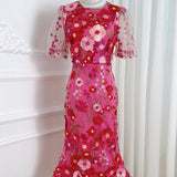 High-End Elegant Heavy Industry Flower Embroidery Round Collar Lantern Sleeves To Close The Waist Slim Slimmed Fishtail Dress