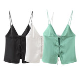 New Bow Trim Silk Satin Texture Top