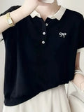 Collared Thorned Bow Embroidered Short-Sleeved T-Shirt Girl's Small Fragrant Wind Age Relaxed Temperament Ice Silk Knitted Shirt