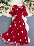 Women Polka Dot Midi Dress Vintage V-Neck Short Flare Sleeve Bandage A-Line Vestidos Female Casual Robe New