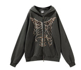 Skeleton Zipper Hoodie 90S Vintage Pattern Print Zipper Top Girl
