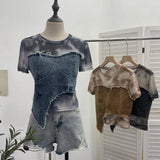 Shooting Of The Edge Of The Denim Splicing Tie Dye Mesh Repair Irregular Two Short-Sleeved Top T-Shirt
