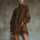 New High-Neck Loose Pocket Tuxedo Long-Sleeved Idling