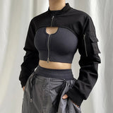 Work Style Zipper Short-Sized Hoodie Shirt Hottie Tie Collar Zipper Long-Sleeved Casual