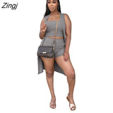 Women Casual 3 Pcs Sets Solid Set Spaghetti Straps Tank Top + Shorts+ Sleeveless Cardigan