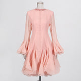 French Elegant Wind Collar Splicing Lotus Edge Mid-Sleeve Dress 2025 New Horn Sleeve Long Dress