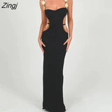 Metal Shell Spaghetti Strap Women Dress Orange Patchwork Hollow Out Maxi Dress Female Skinny Elegant Party Clubwear