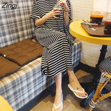 Sleeve Dress Women Hot Sale S-3XL Leisure Cozy Simple Basic Striped Preppy Style Clothing Students Midi Sundress Chic