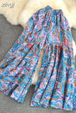 Bohemian Vacation Beach Pants Elegant High Elastic Waist Wide Leg Printed Trouser Casual Flare Fladas New