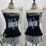 Kitten Print Bow Sweetheart Hottie With Chest Pads With Chest Bra Vest Wooden Ear Top