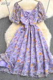 Women Sexy Floral Chiffon Dress Female Elegant V-Neck Short Sleeve High Waist A-Line Beach Vestido Casual Party Robe