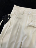 Style Casual White Women's Bandage Trousers Women High Waist Pockets Female Pleated Wide Leg Pants 2023 Autumn