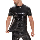 Zingj Men's Mirror Leather Vest Bright Leather Short Sleeve Round Collar Vest No Odor Size