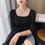 Sleeve Square Collar Slim Cotton T-shirt Tee Girls Solid Summer Basic High Elasticity Tshirts Crop Tops For