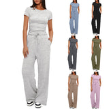 Suit Folding 2025 New Solid Short-Sleeved Top High-Rise Broad Leg Pants