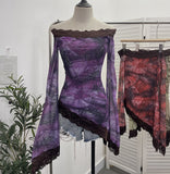 Tie-Dyed Leopard Print Lace Spliced Double-Layer Mesh Shoulder Irregular Loudspeaker Top