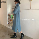 Sleeve Dress Women Solid Turtlenek Side Slit Midi Elegant All-match Korean Style Simple Winter Fashion Ins Stylish