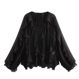 New Women's Fashion Cascade Decoration Fashion Chiffon V-Neck Long-Sleeved