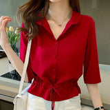 Women Solid Turn-down Collar Half Sleeve Chiffon Shirt Fashion Casual Shirring Single-breasted Blouses Female